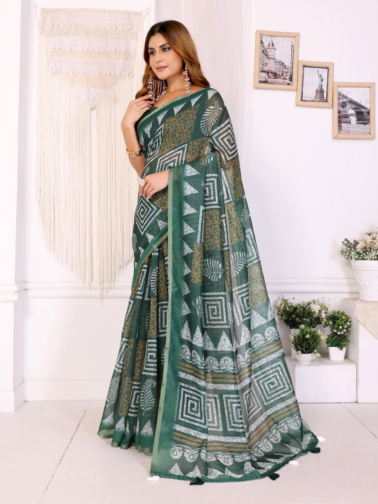 Stylish Bottle Green Chanderi Saree with Bold Geometric Digital Print | White & Mustard Accents  | Lightweight Designer Saree with Matching Blouse Piece ๐ โ 5.5 Meters